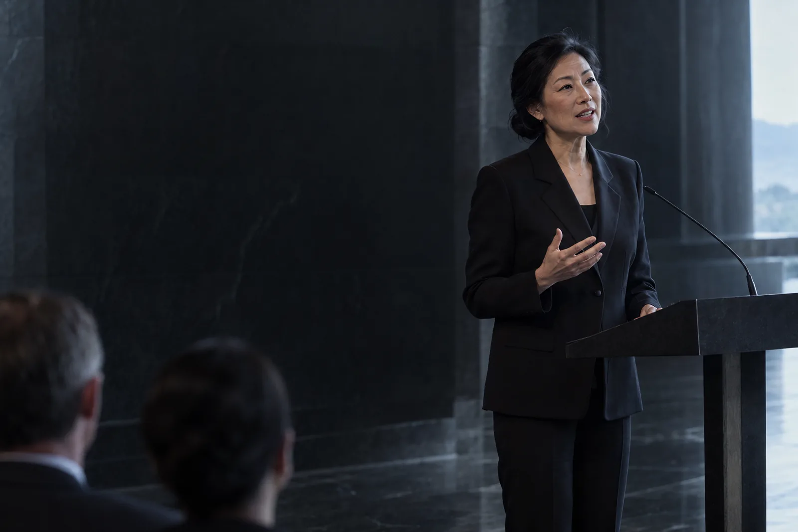 A physician leader speaks to a small audience