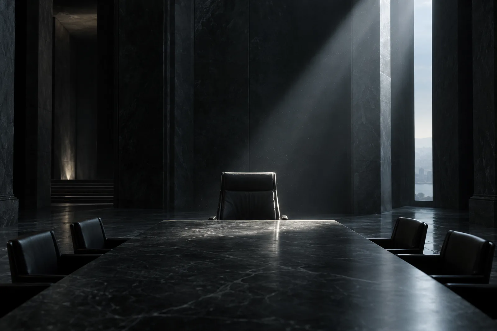 A single executive chair at the head of a long stone table