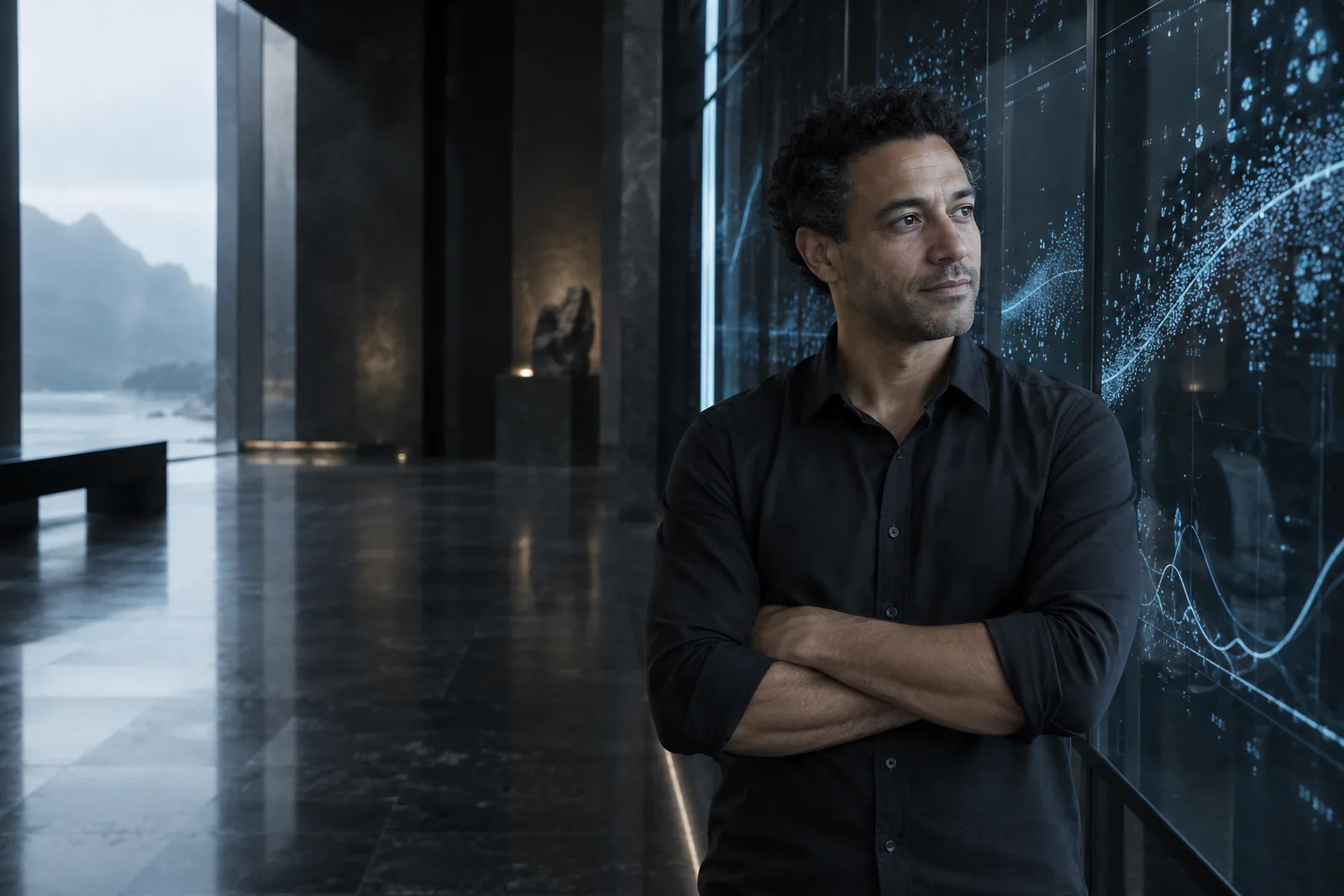 A biostatistician stands beside a wall of luminous data