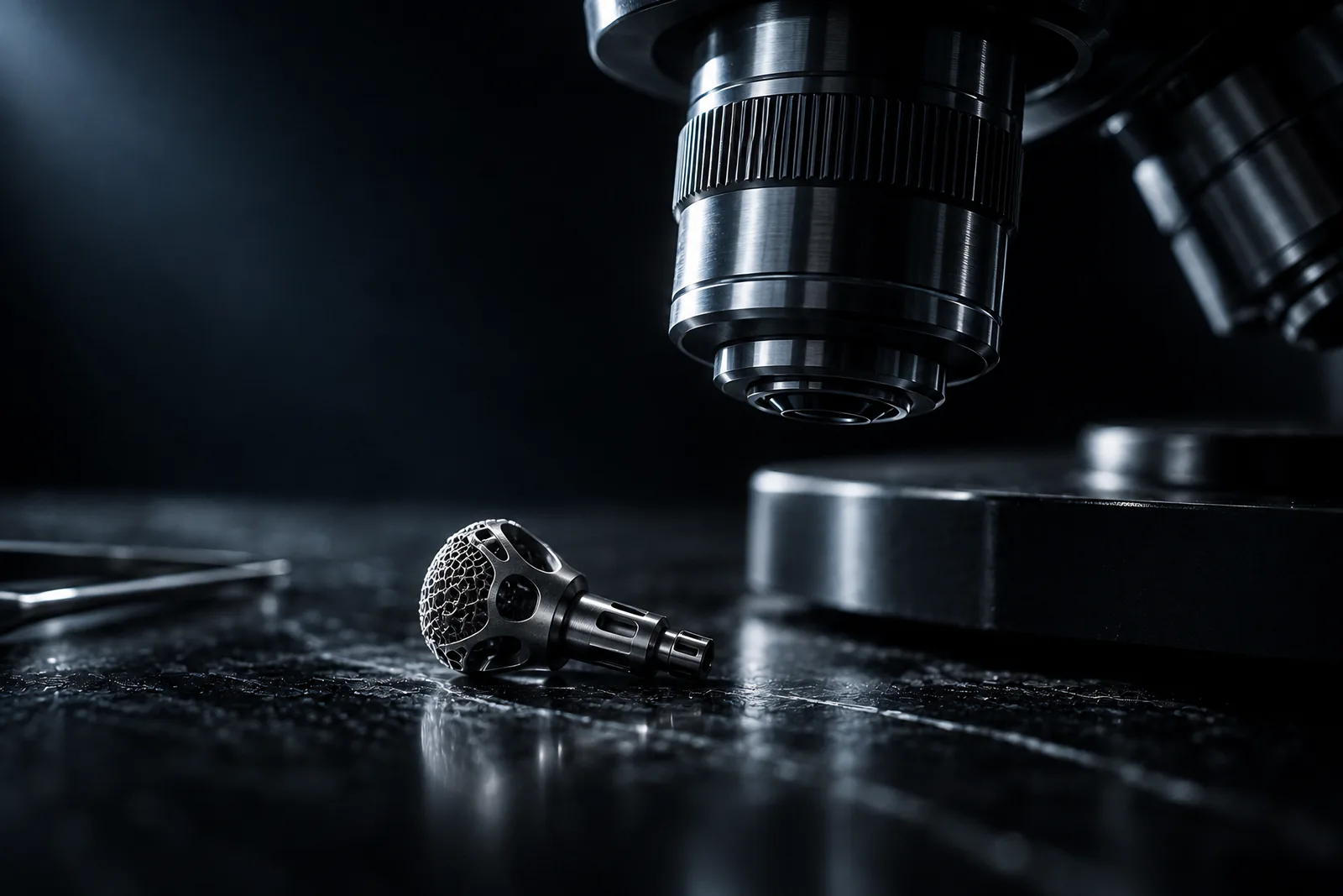 A precision microscope objective and device component on black stone