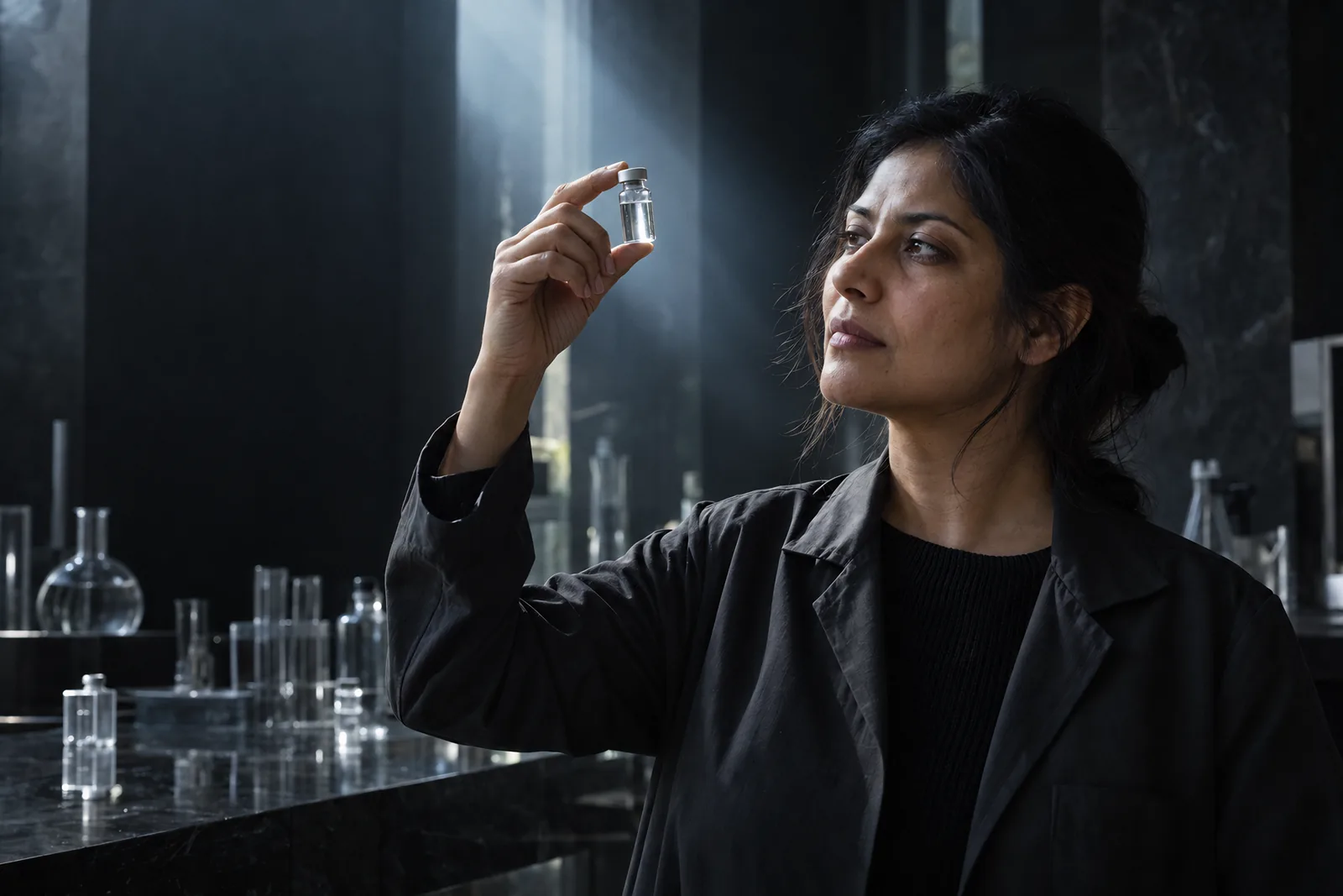A scientist studies a vial held up to a beam of light
