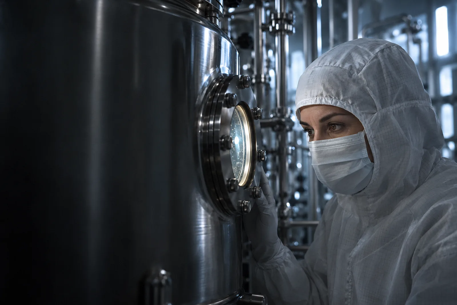 A process engineer in a cleanroom inspects a stainless steel bioreactor