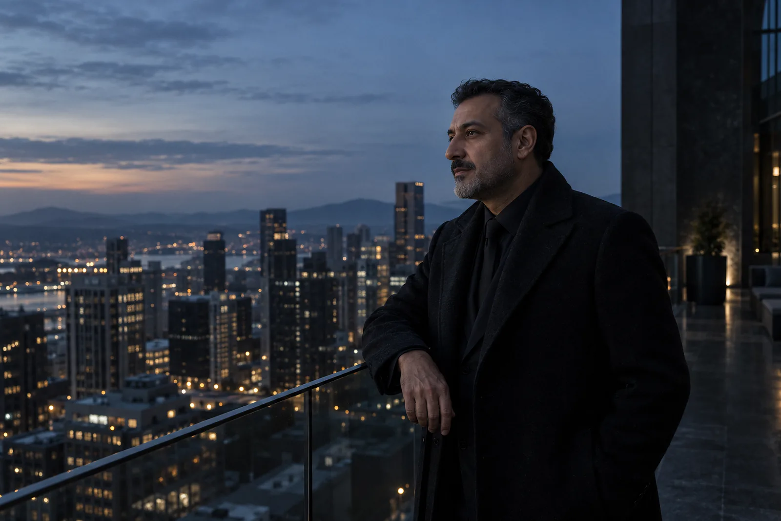 A leader looks out over a city skyline at dusk